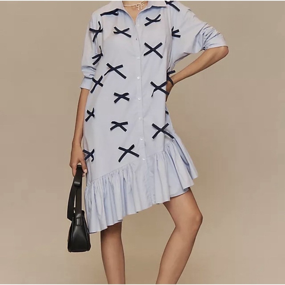 Maeve 3D Bows Asymmetrical Mini Dress Size Small Blue Anthropologie Shirt NWT